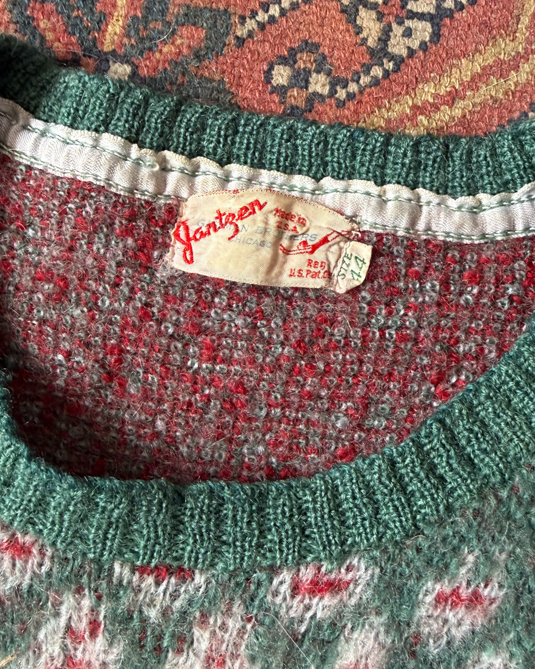 40s Jantzen Green & Red Knit Cropped Wool Sweater / S-M