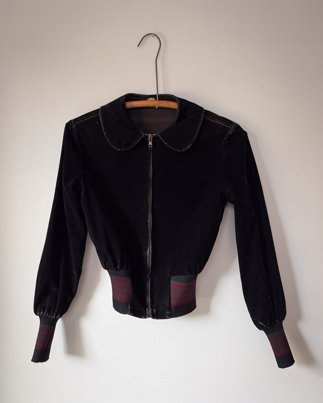 60s Black Velvet Peter Pan Collar Striped Knit Trim Crop Jacket / XS