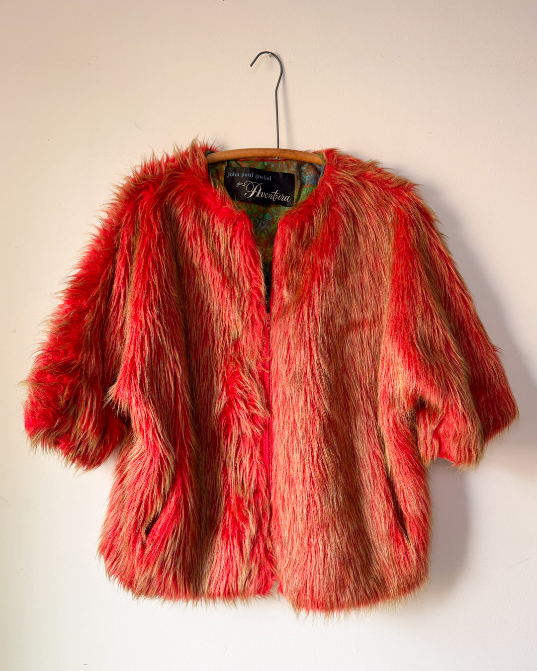60s Red & Green Shaggy Faux Fur Cropped Sleeve Jacket / L-XL