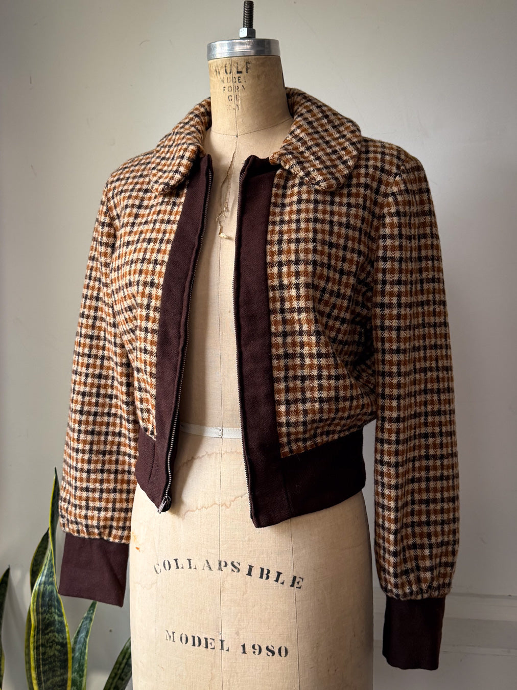 70s Brown Plaid Check Wool Cropped Jacket / M