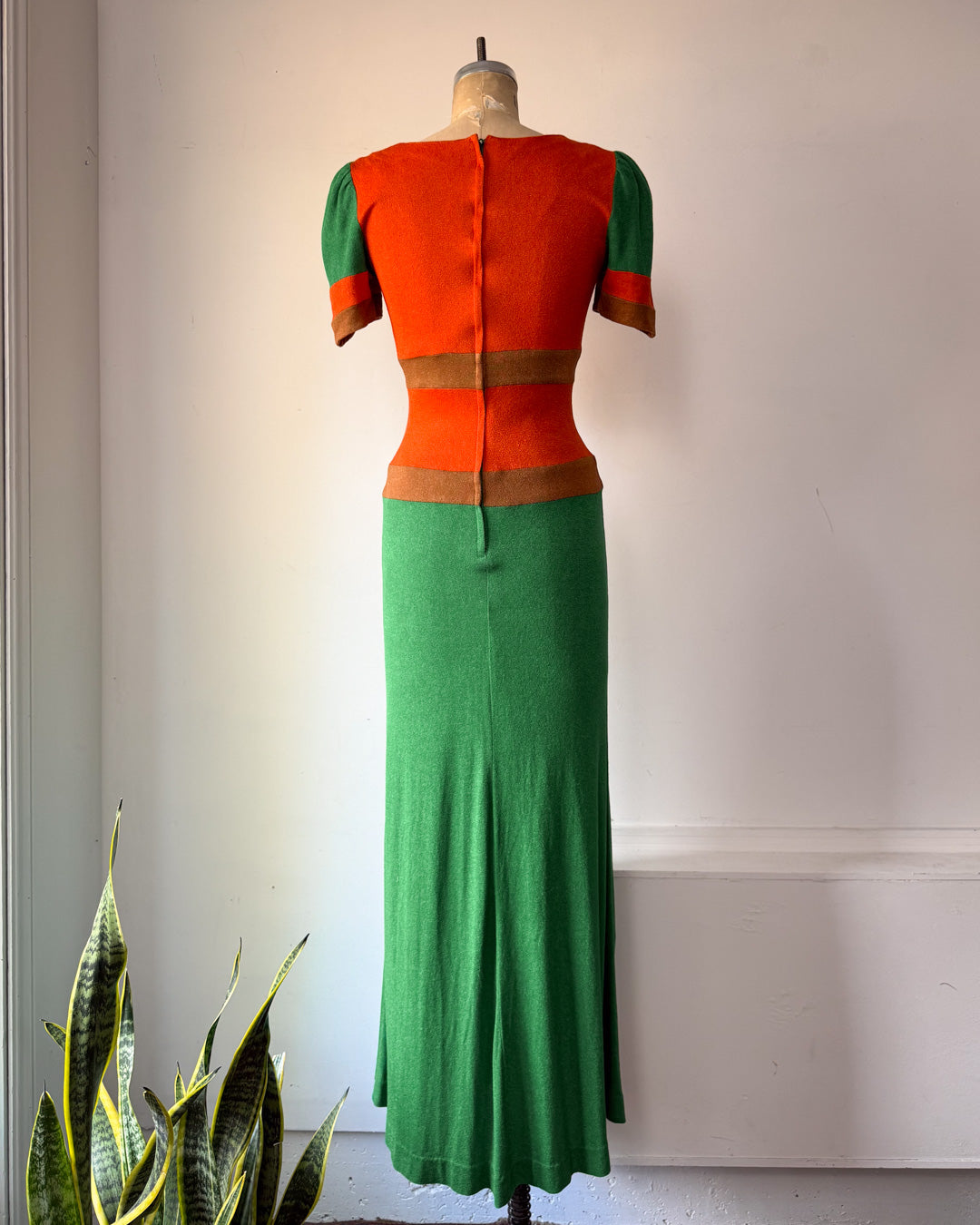 70s Fuzzy Colorful Jersey Knit Colorblock Maxi Dress / S