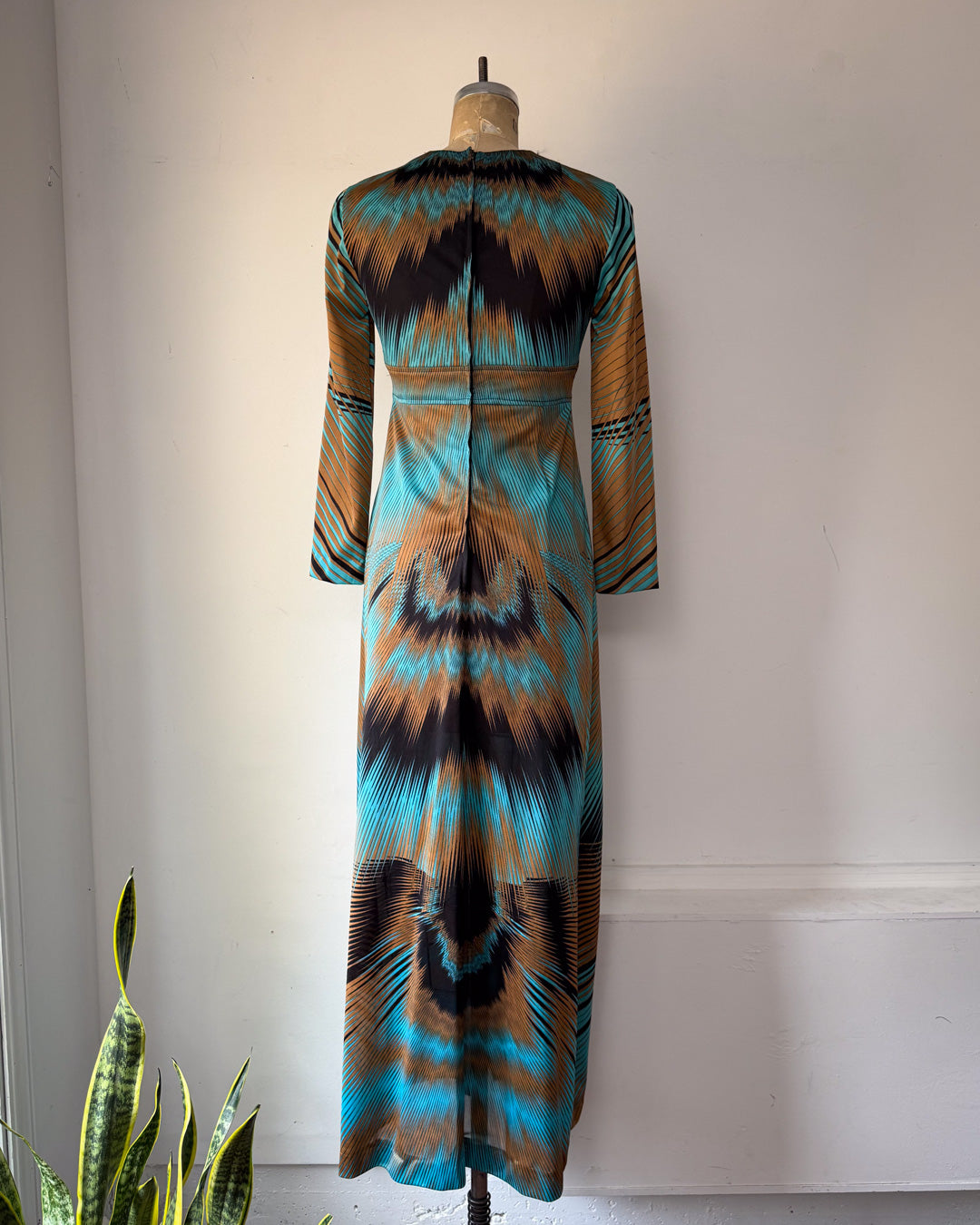 70s Optical Print Maxi Dress / S