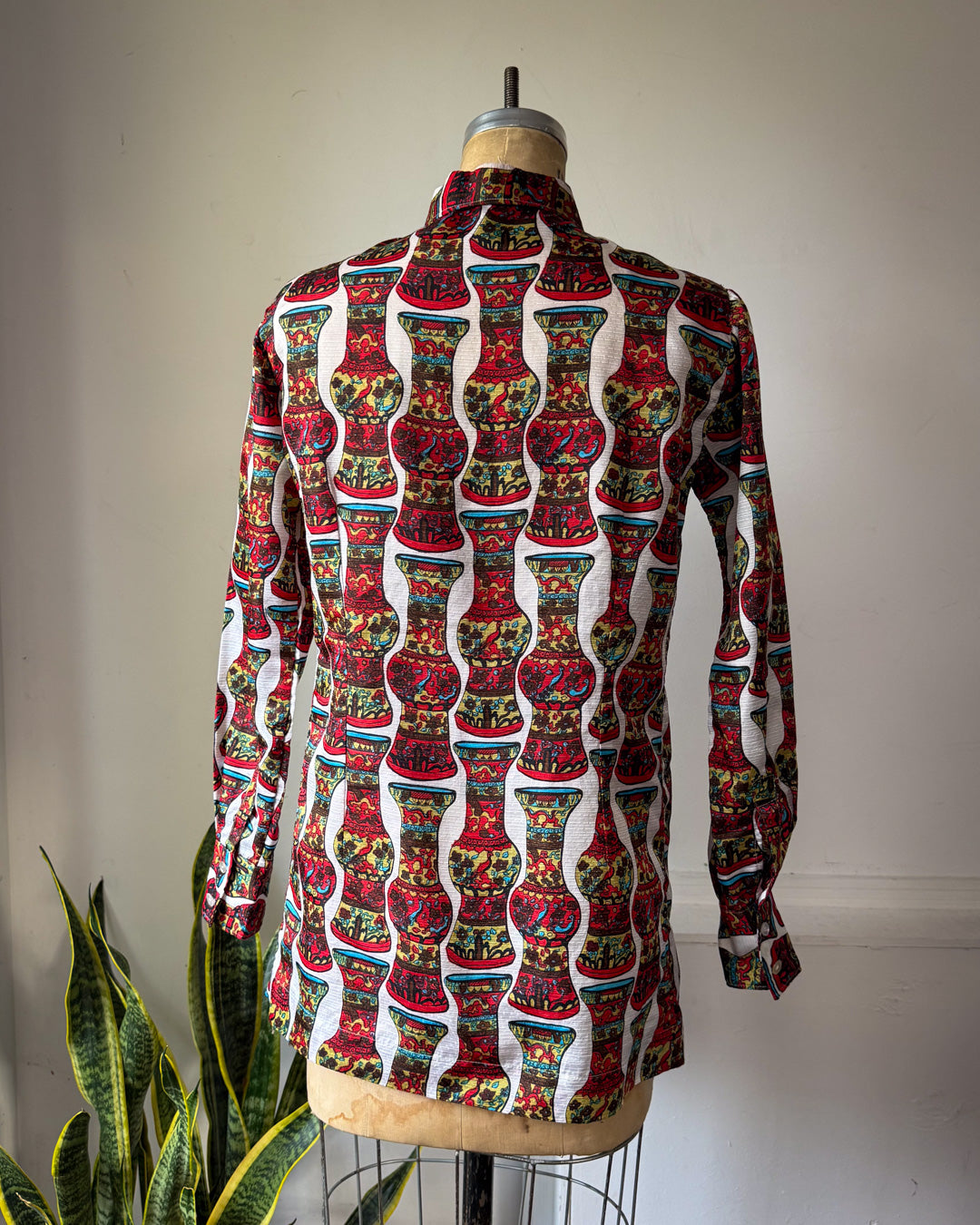 70s Colorful Vase Print Collared Disco Shirt / S