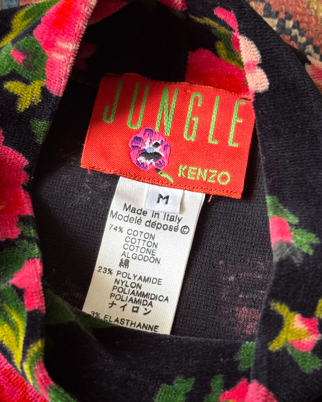 90s Kenzo Pink Rose Print Dark Floral Black Cotton Velvet Mock Neck Top / S