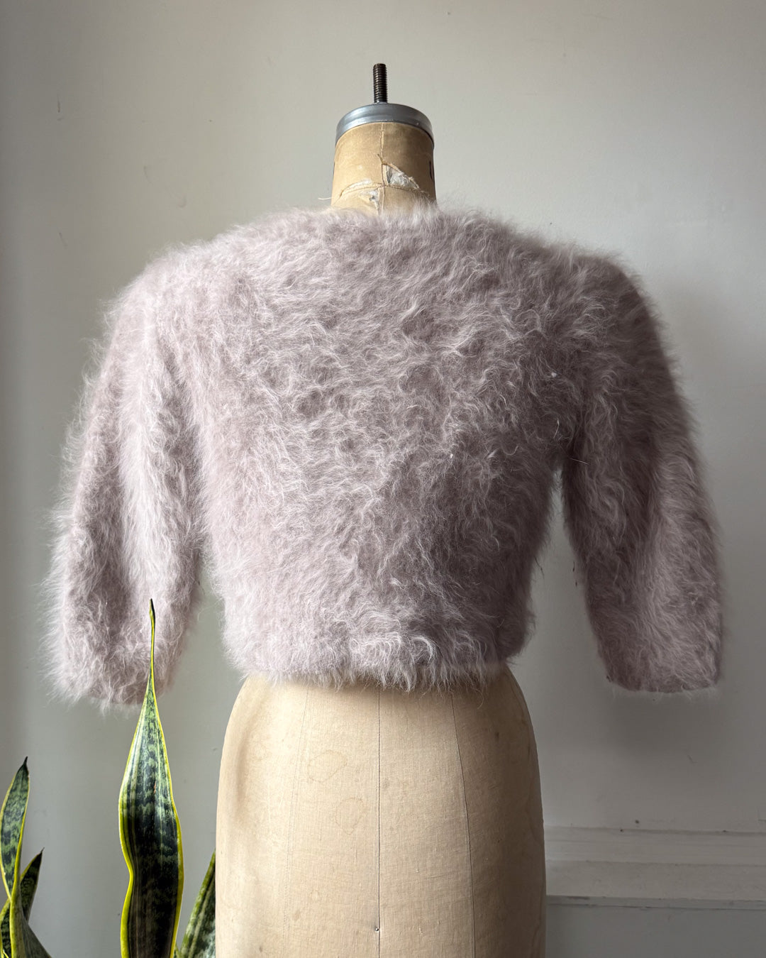 80s Fluffy Light Gray Angora Knit Crop Cardigan Sweater / S