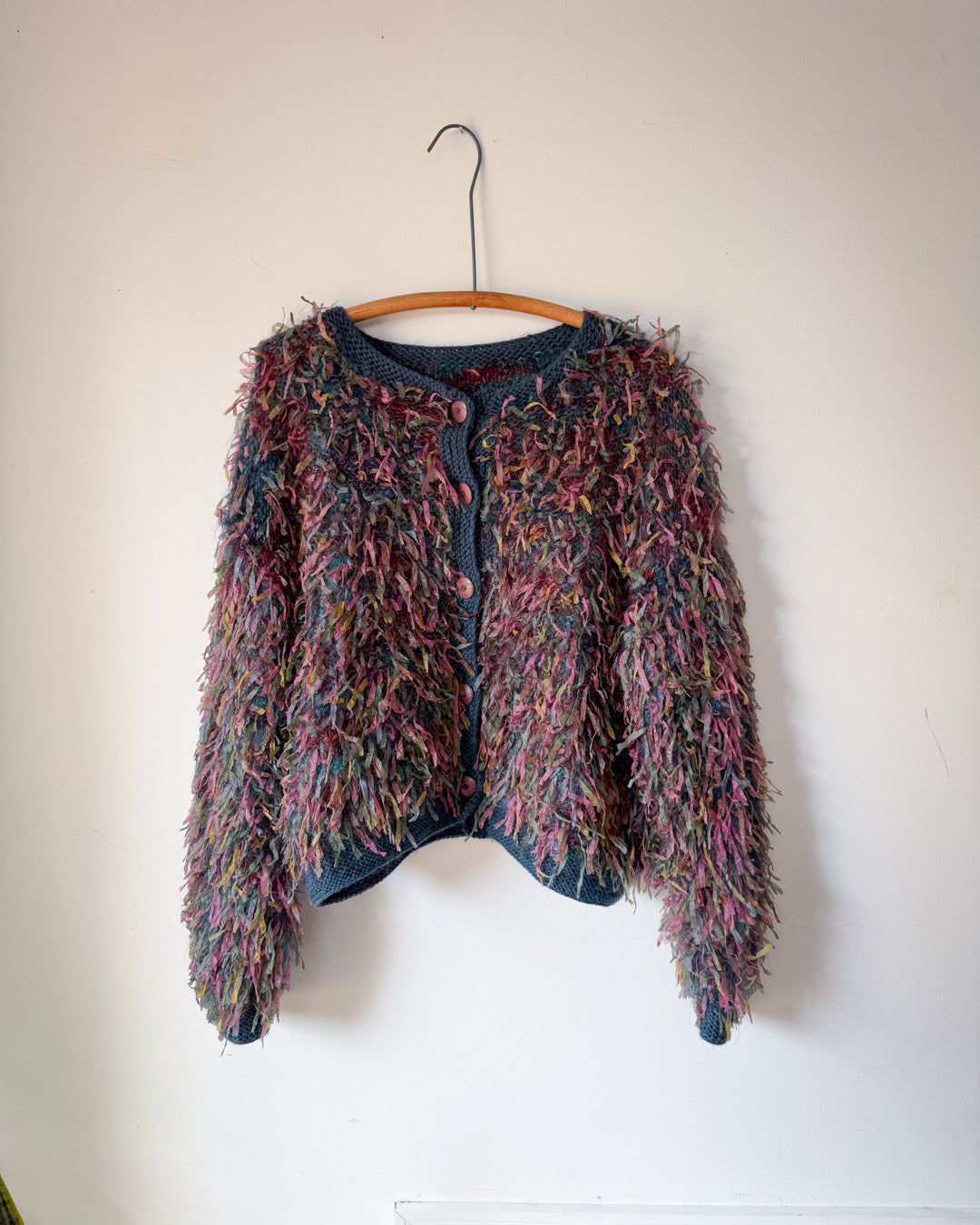 80s Shaggy Hand Knit Ribbon Cardigan / XL