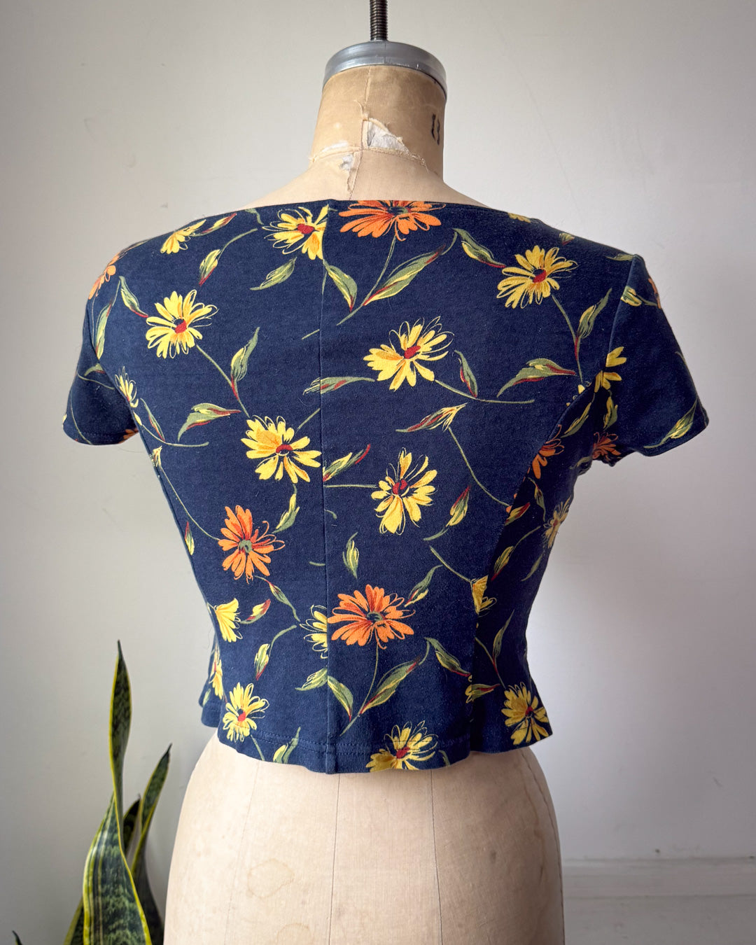 90s Norma Kamali Navy Blue Floral Print Cotton Crop Top / XS