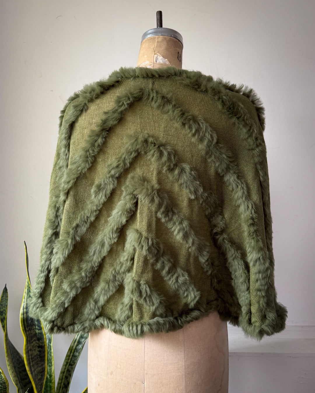 Y2K Green Fuzzy Rabbit Fur Stripe Wool Knit Tie Shawl