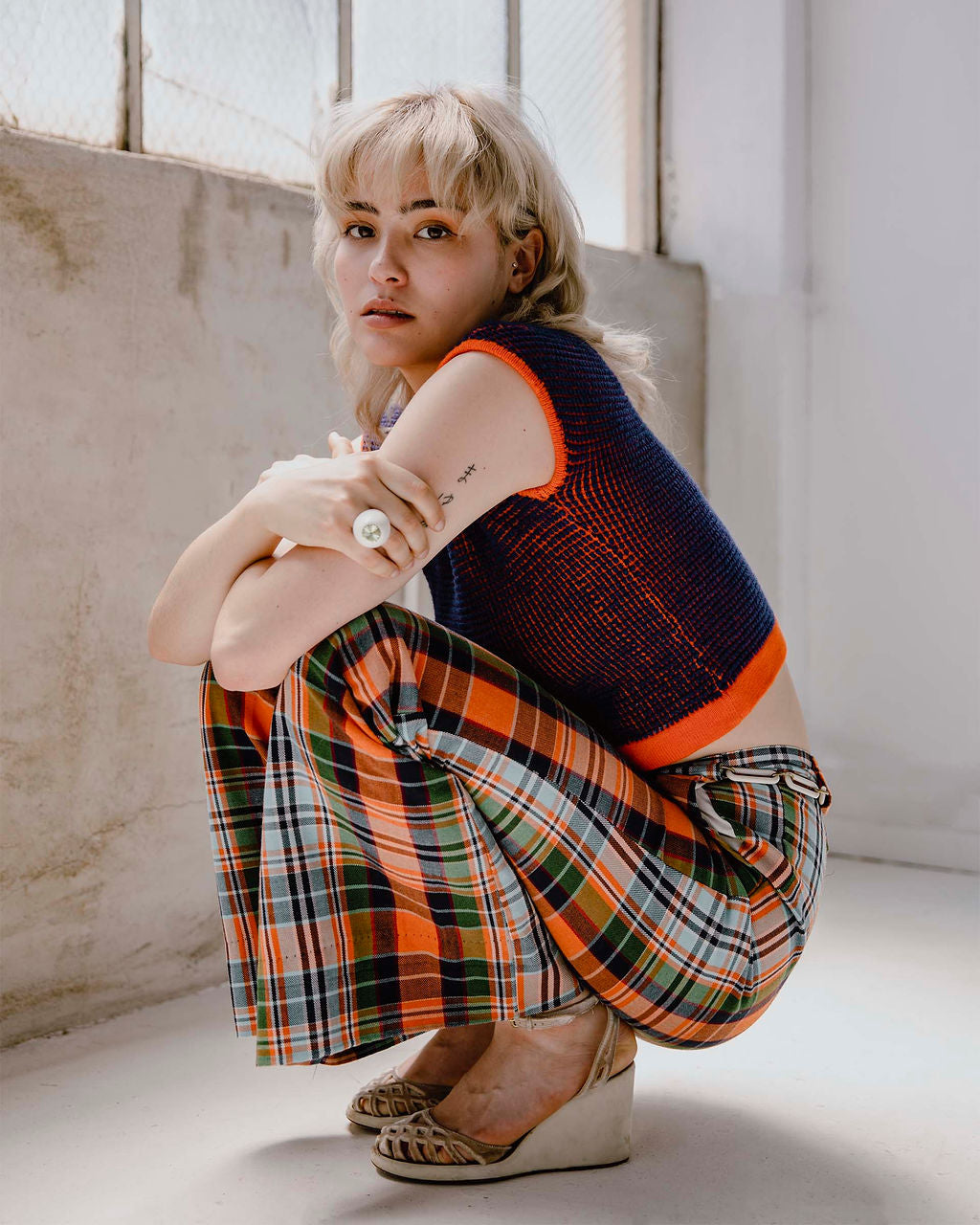 70s Orange Plaid High Waist Bell Bottom Pants / M