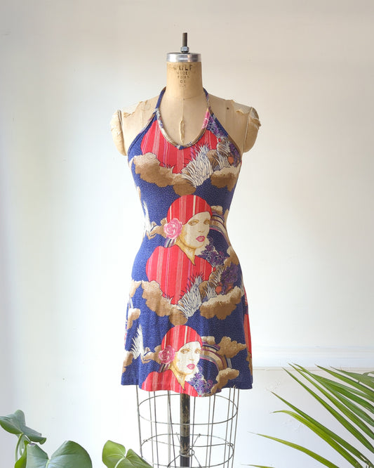 70s Deco Lady Pop Art Halter Mini Dress