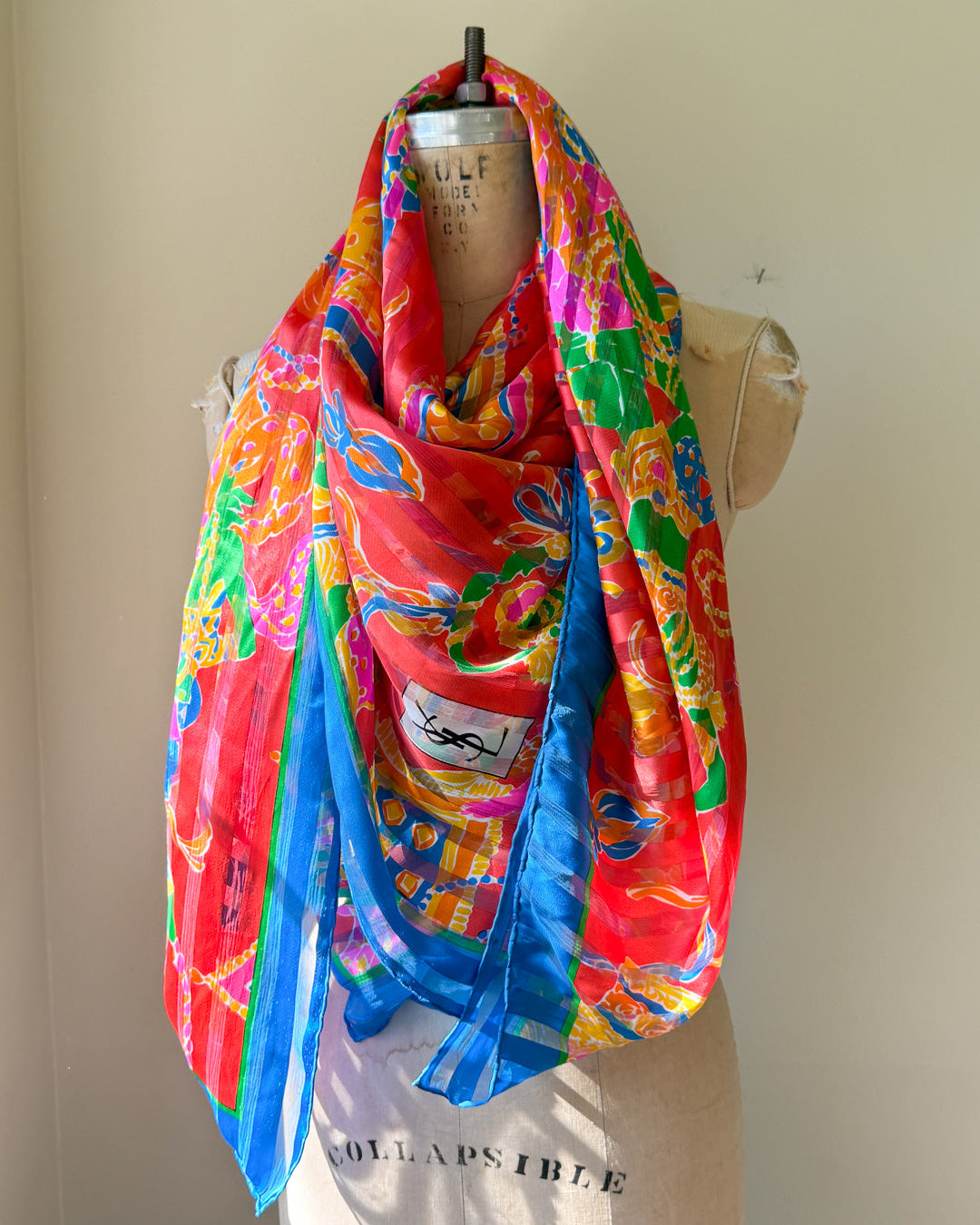 80s YSL Oversize Novelty Print Neon Circus Silk Scarf