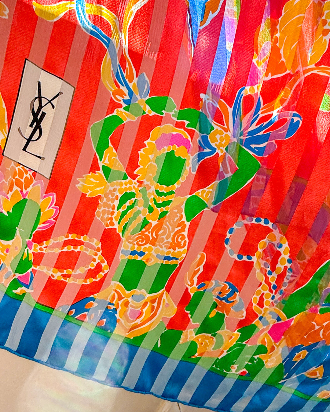 80s YSL Oversize Novelty Print Neon Circus Silk Scarf