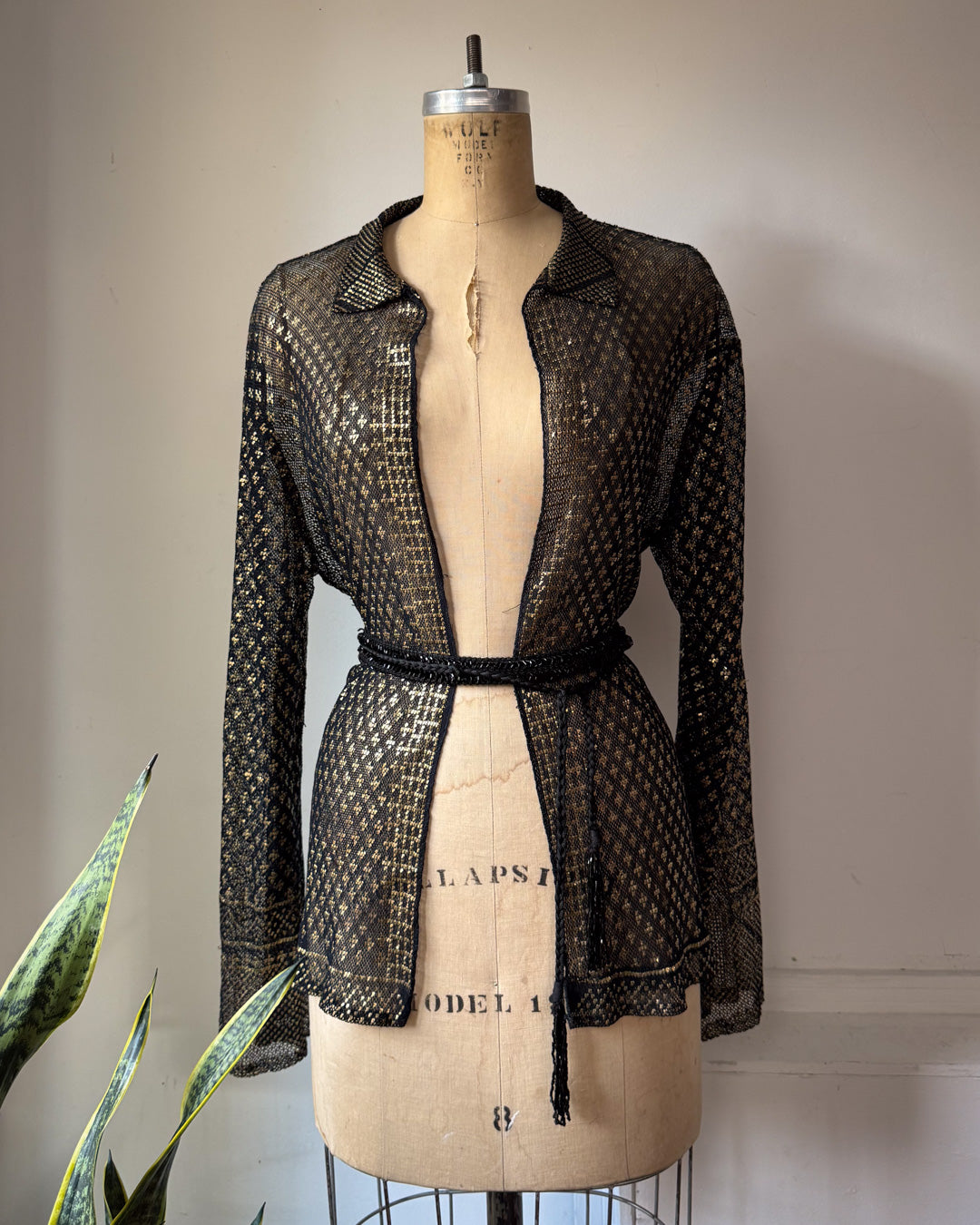 20s Assuit Gold Metal & Black Net Open Evening Jacket / S-M
