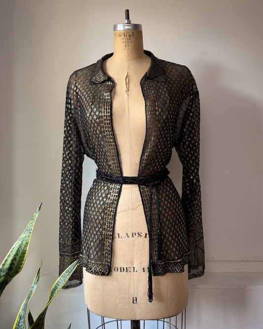 20s Assuit Gold Metal & Black Net Open Evening Jacket / S-M