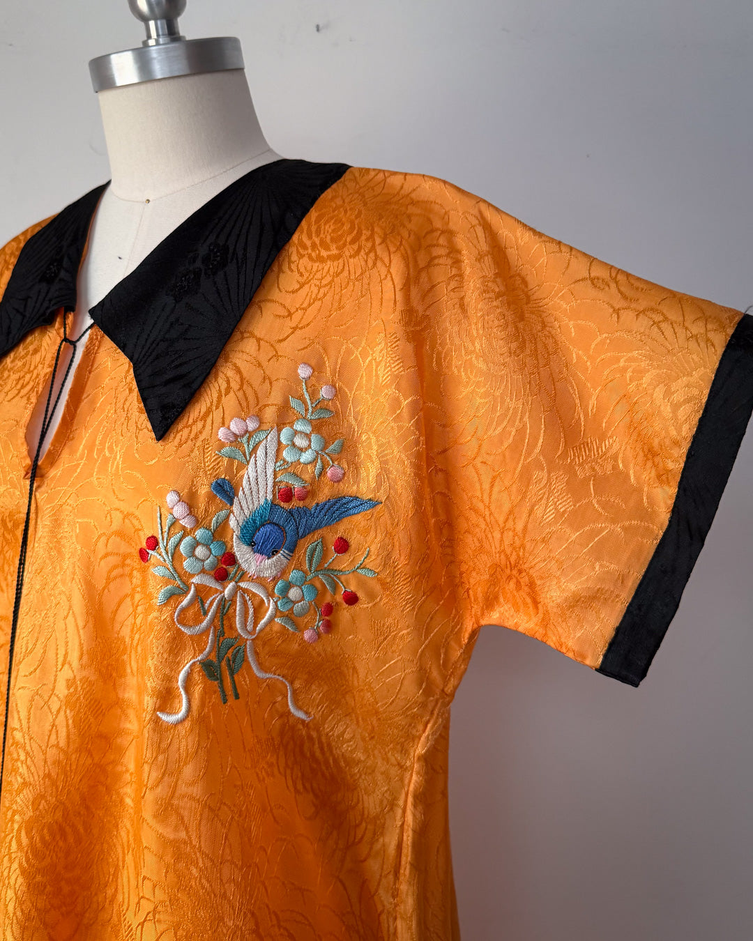 20s Black & Orange Embroidered Silk Pajama Set / S-L
