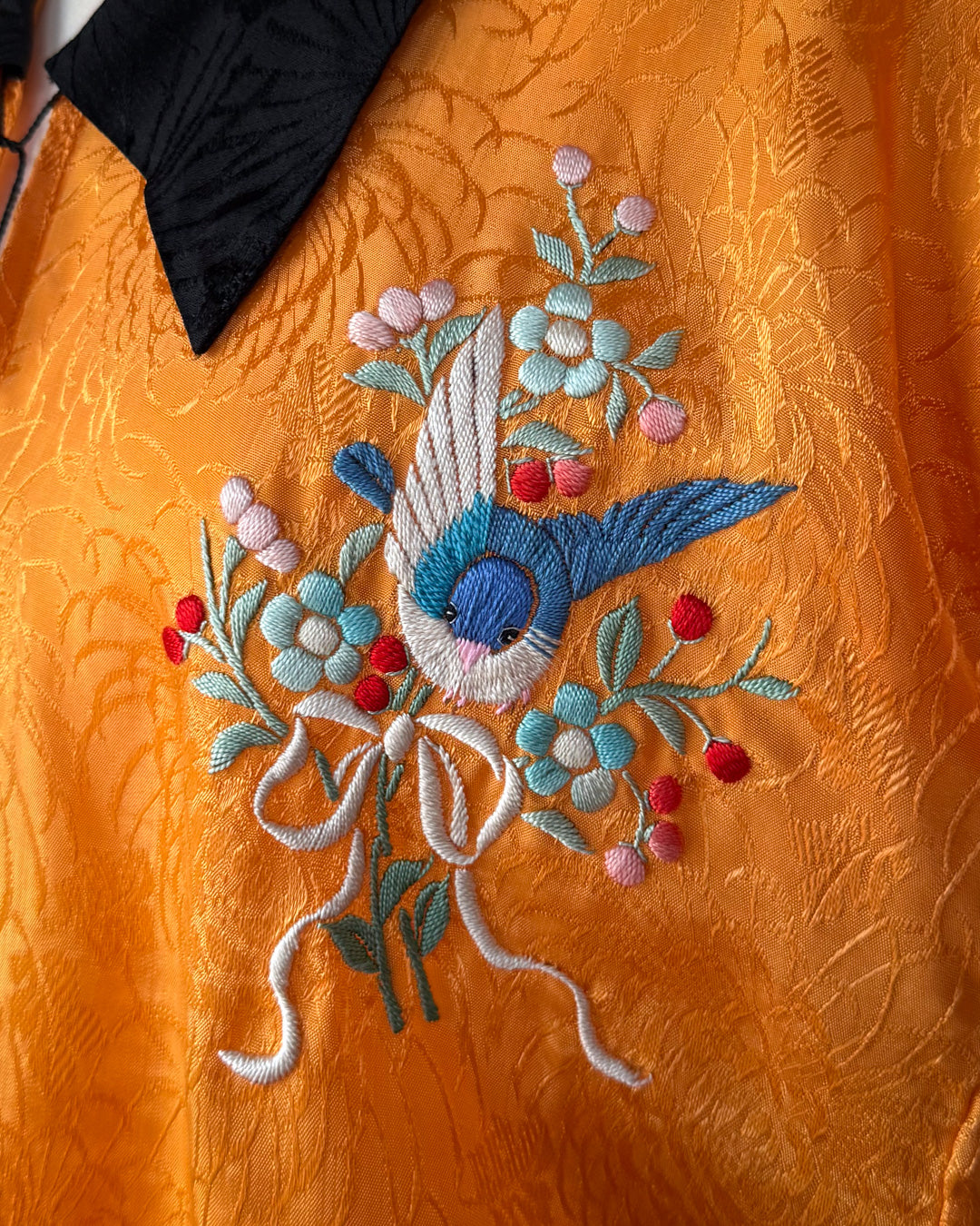 20s Black & Orange Embroidered Silk Pajama Set / S-L