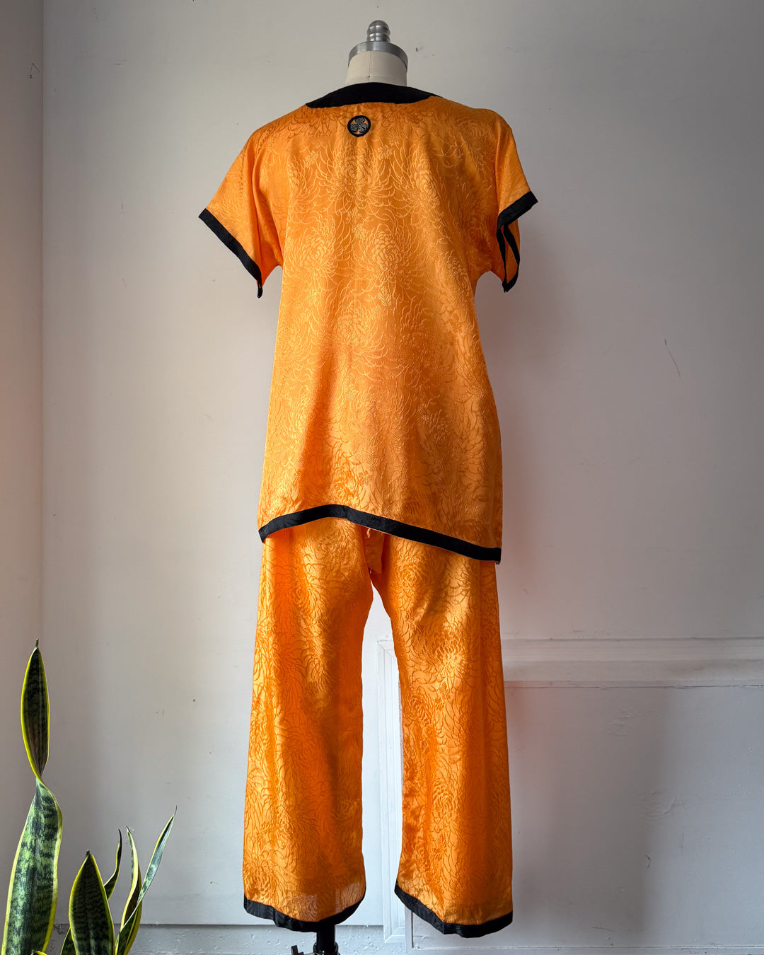 20s Black & Orange Embroidered Silk Pajama Set / S-L