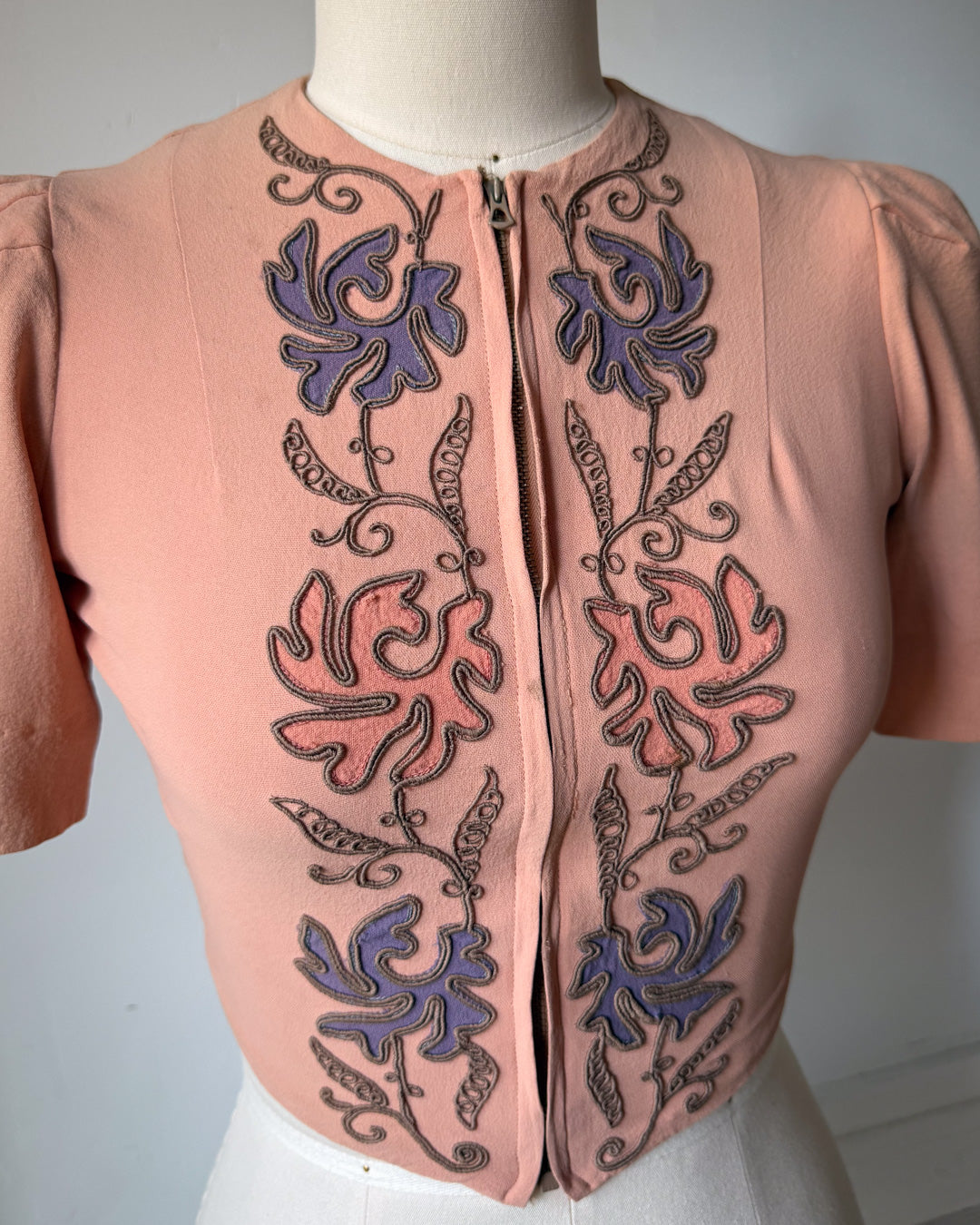 30s Embroidered Zip Front Crop Blouse / XS