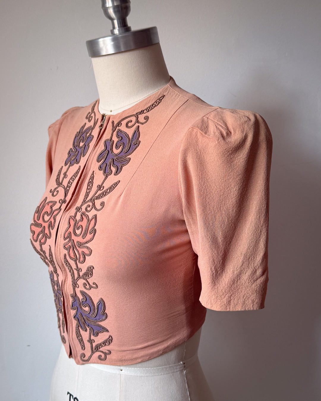 30s Embroidered Zip Front Crop Blouse / XS