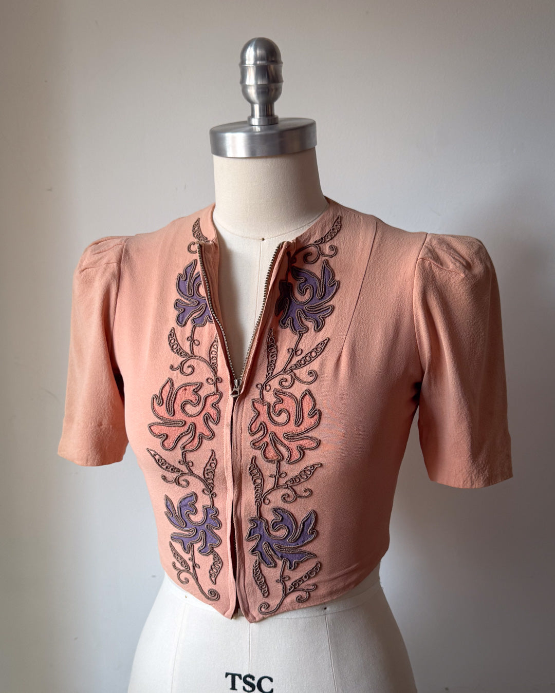 30s Embroidered Zip Front Crop Blouse / XS