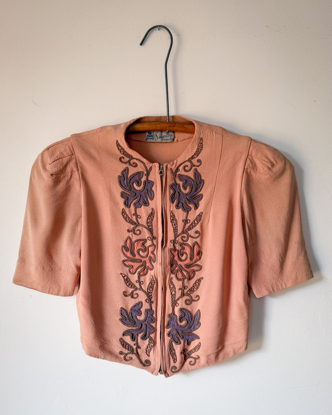 30s Embroidered Zip Front Crop Blouse / XS