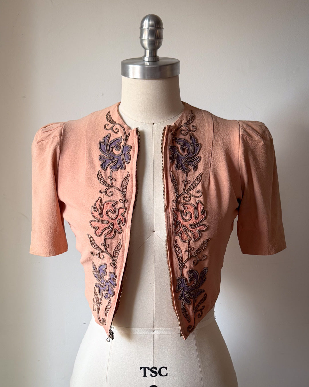 30s Embroidered Zip Front Crop Blouse / XS