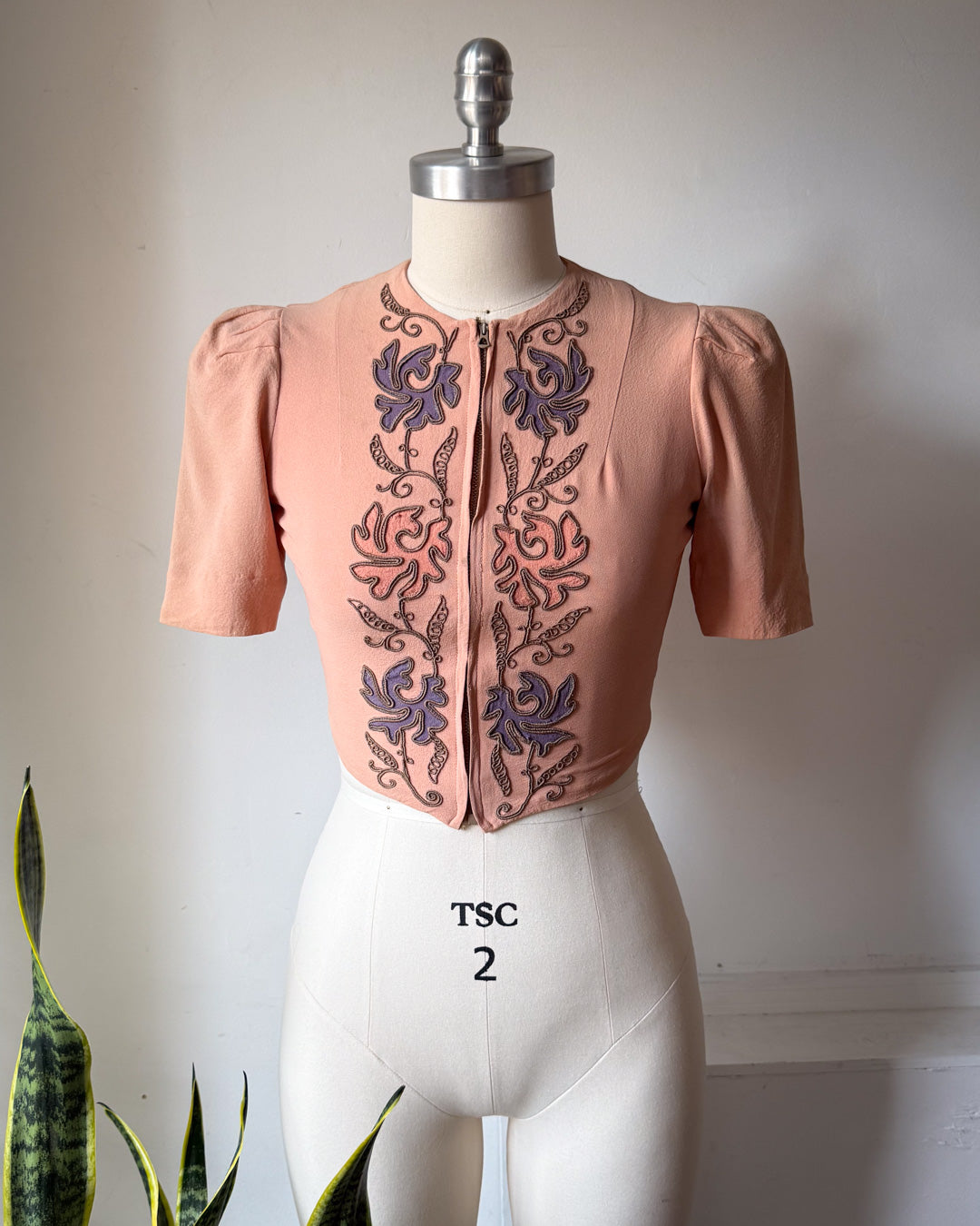 30s Embroidered Zip Front Crop Blouse / XS