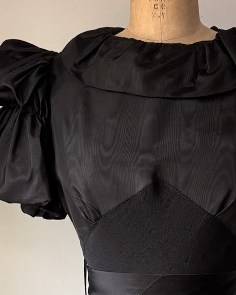 30s Black Moiré Ruffle Sleeve Maxi Dress Gown / S