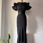 30s Black Moiré Ruffle Sleeve Maxi Dress Gown / S