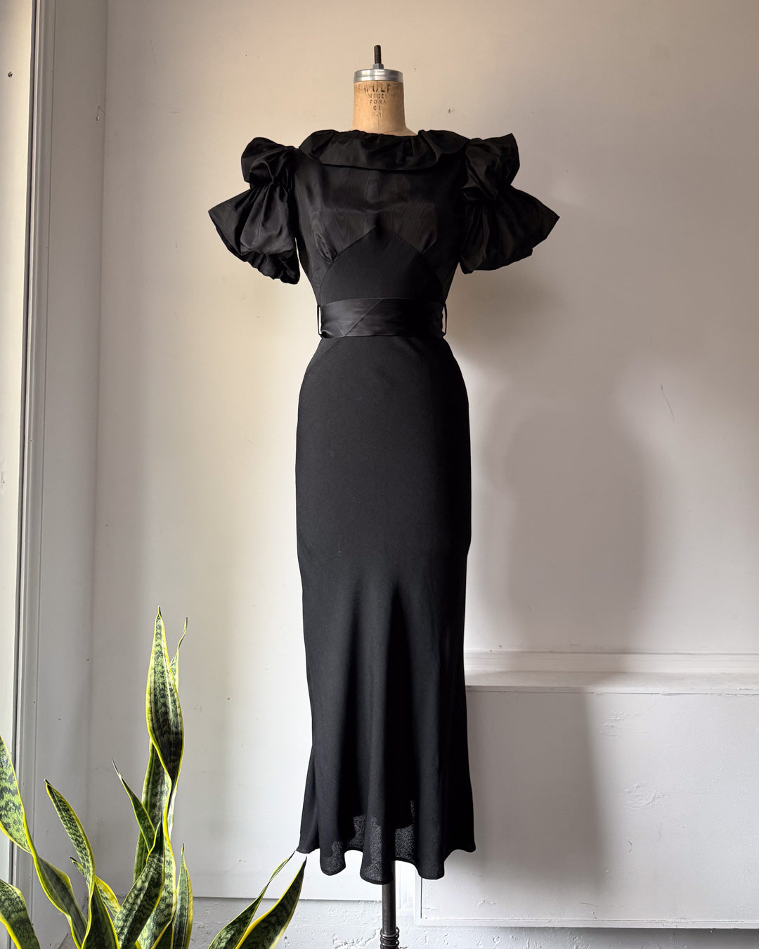 30s Black Moiré Ruffle Sleeve Maxi Dress Gown / S