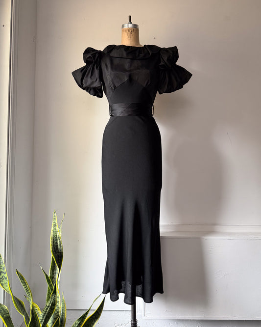 30s Black Moiré Ruffle Sleeve Maxi Dress Gown / S