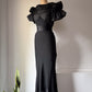30s Black Moiré Ruffle Sleeve Maxi Dress Gown / S