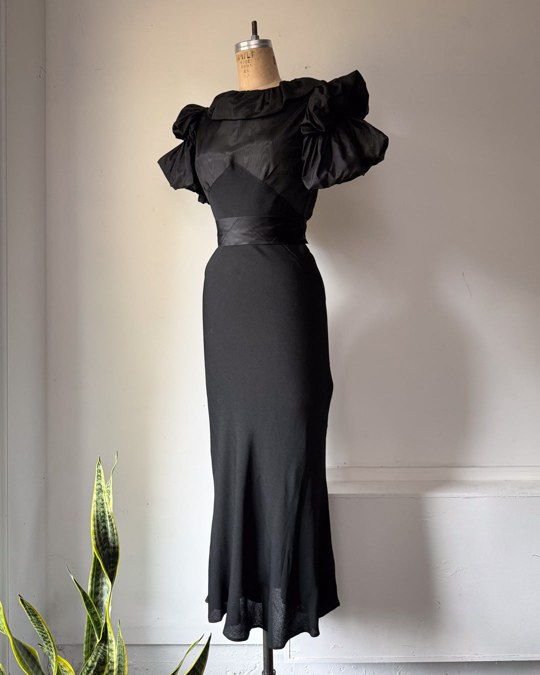 30s Black Moiré Ruffle Sleeve Maxi Dress Gown / S