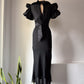 30s Black Moiré Ruffle Sleeve Maxi Dress Gown / S