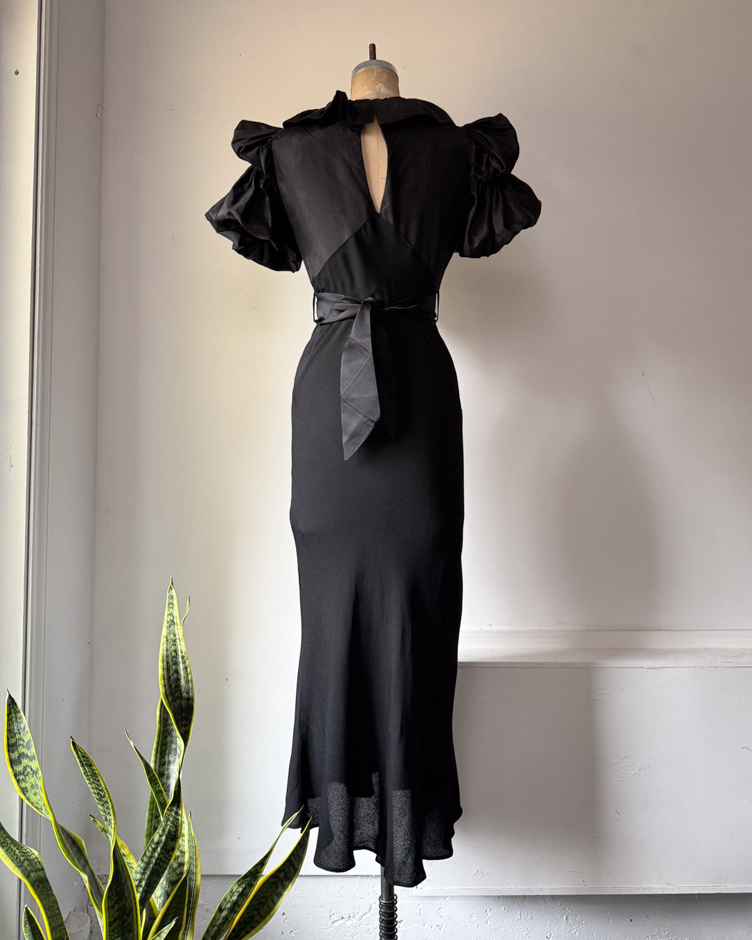 30s Black Moiré Ruffle Sleeve Maxi Dress Gown / S