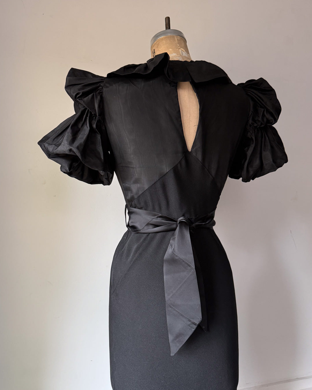 30s Black Moiré Ruffle Sleeve Maxi Dress Gown / S