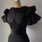 30s Black Moiré Ruffle Sleeve Maxi Dress Gown / S