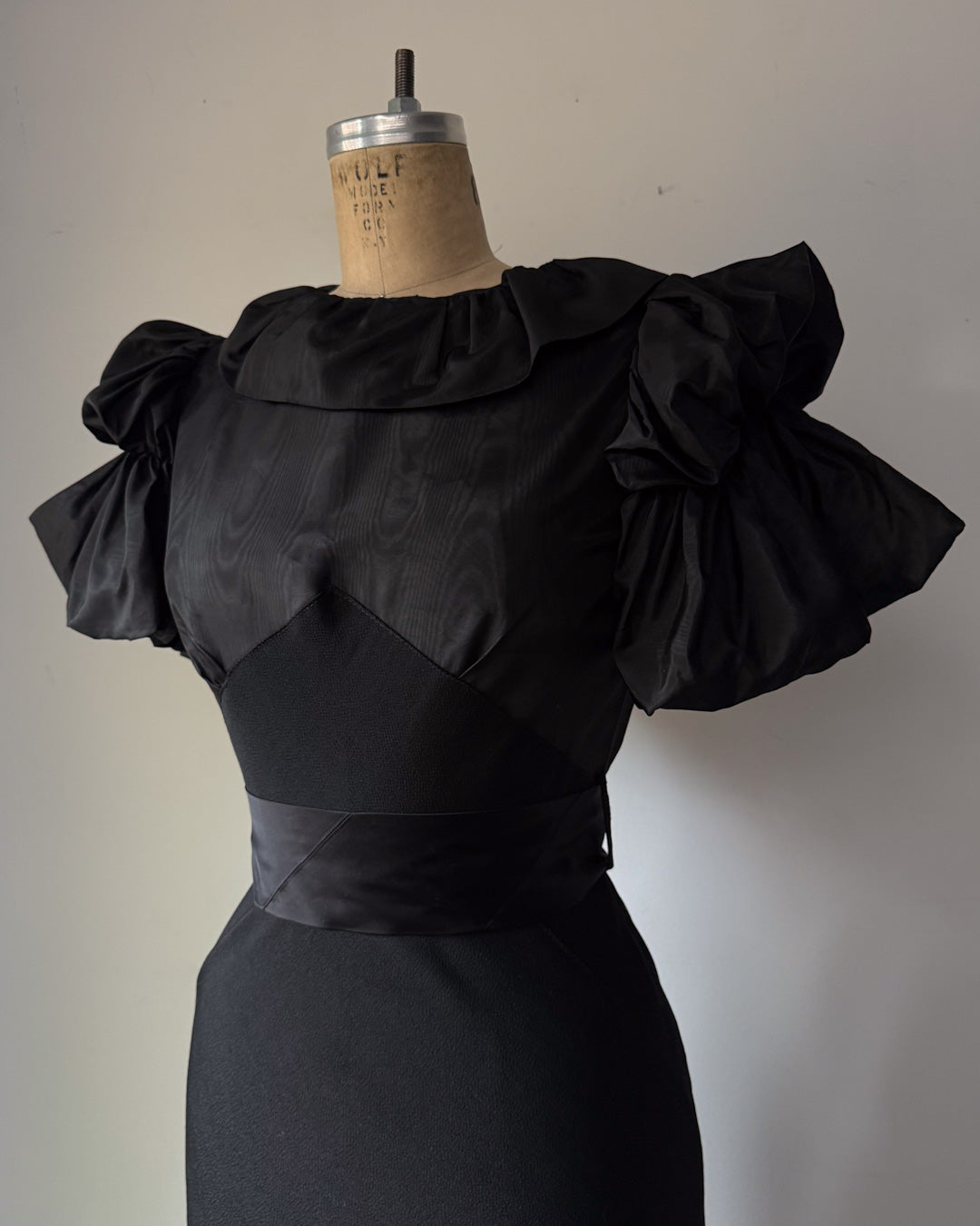 30s Black Moiré Ruffle Sleeve Maxi Dress Gown / S