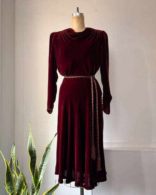 30s Wine Silk Velvet Long Sleeve Bias Cut Dress / S