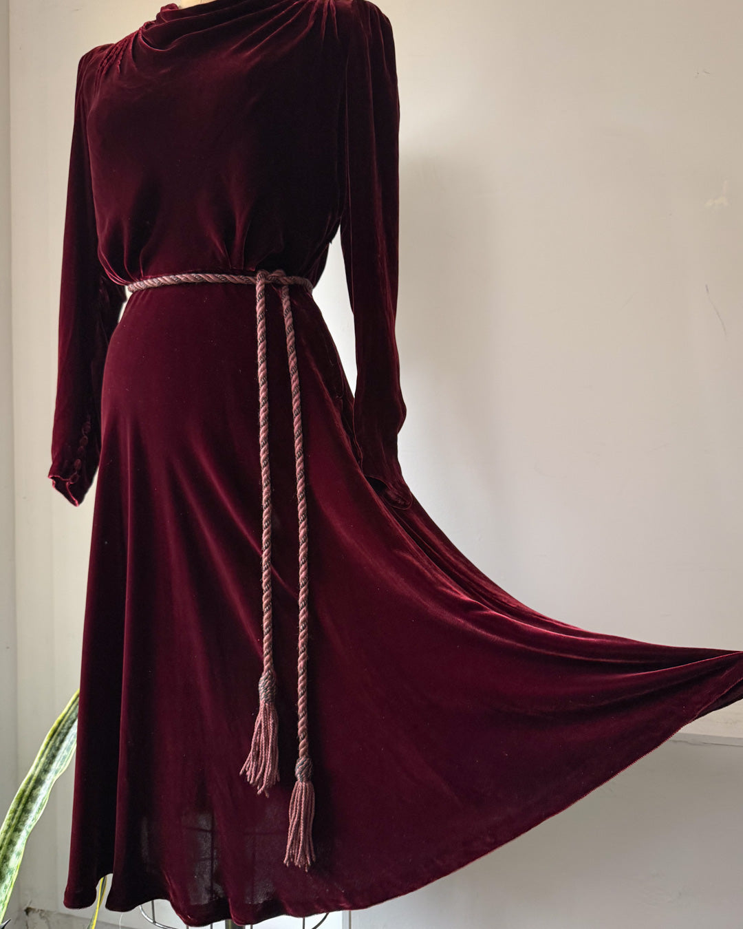 30s Wine Silk Velvet Long Sleeve Bias Cut Dress / S