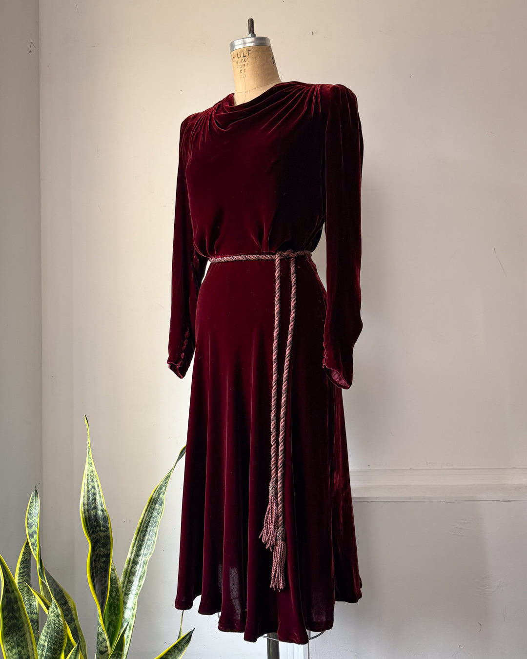 30s Wine Silk Velvet Long Sleeve Bias Cut Dress / S