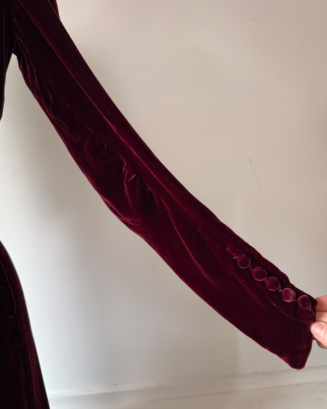 30s Wine Silk Velvet Long Sleeve Bias Cut Dress / S