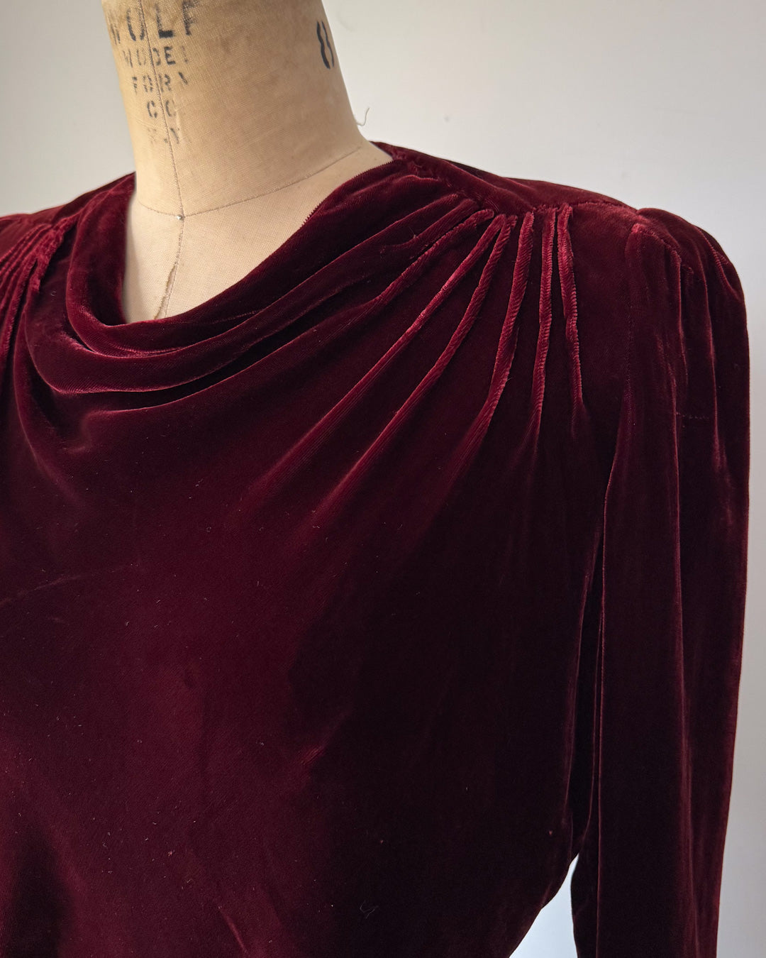 30s Wine Silk Velvet Long Sleeve Bias Cut Dress / S