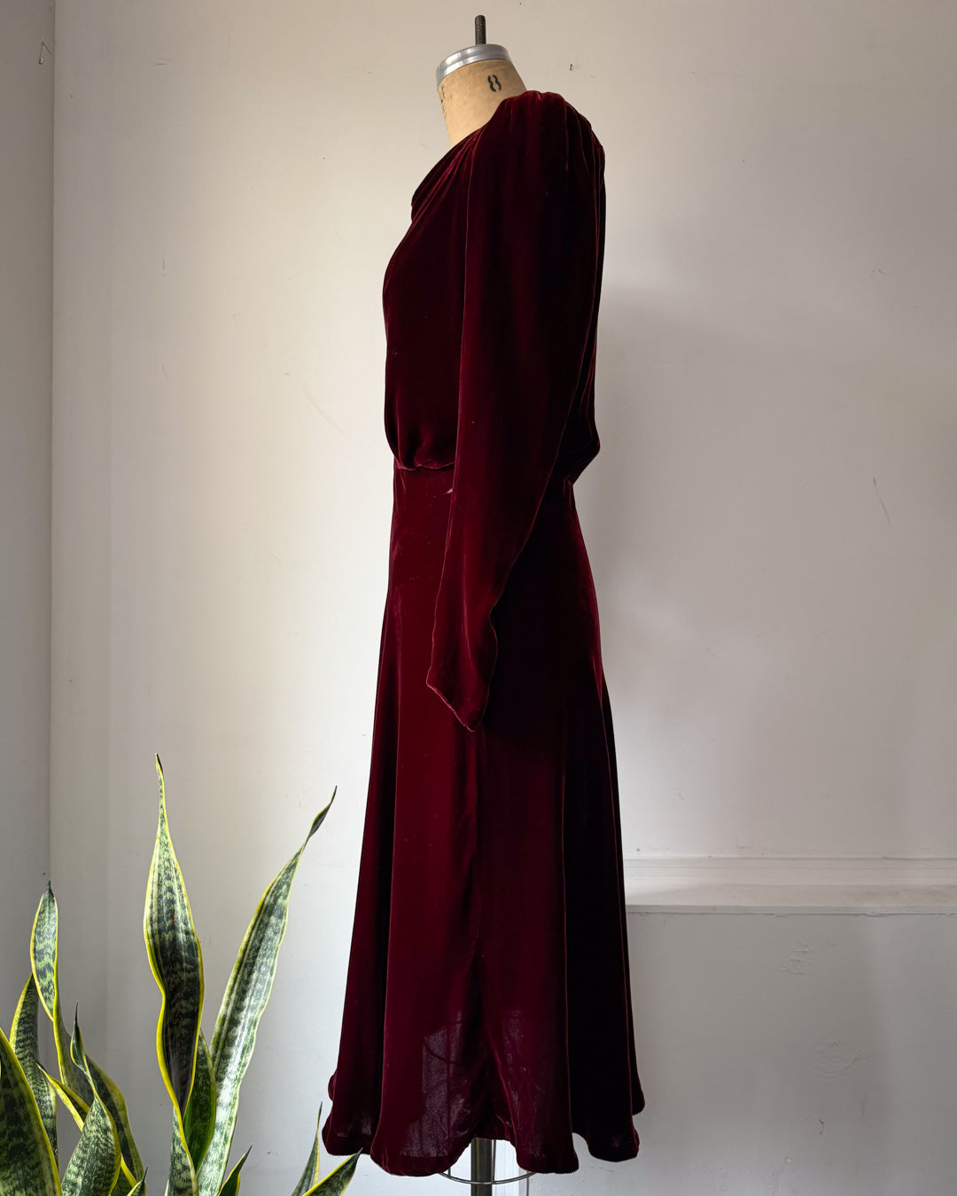 30s Wine Silk Velvet Long Sleeve Bias Cut Dress / S