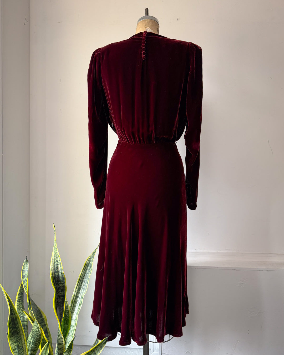 30s Wine Silk Velvet Long Sleeve Bias Cut Dress / S