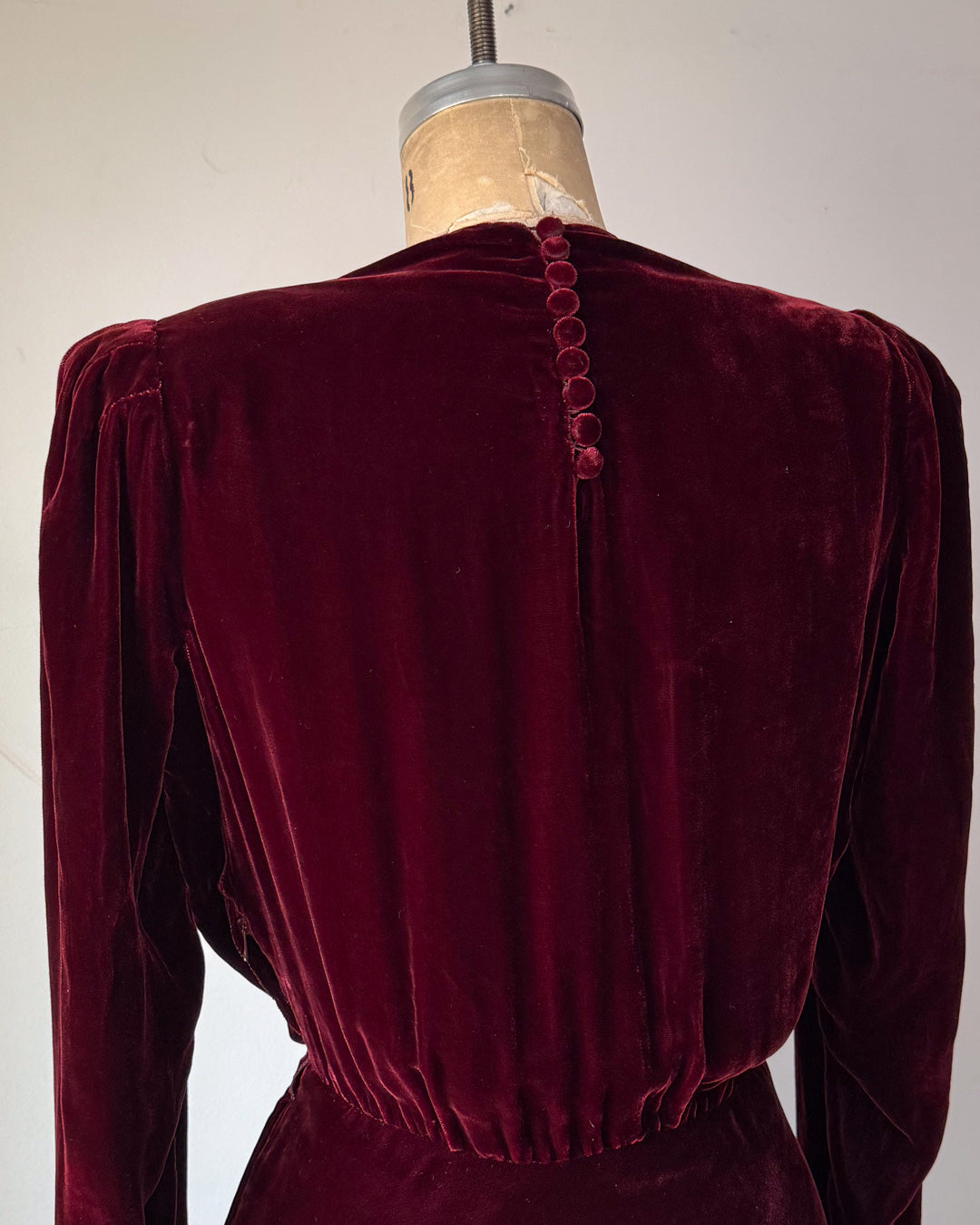 30s Wine Silk Velvet Long Sleeve Bias Cut Dress / S