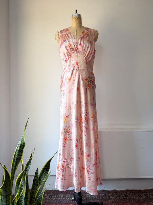30s Floral Satin Bias Cut Slip Dress / M-L