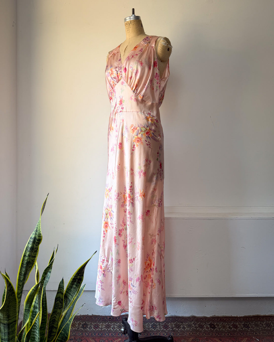 30s Floral Satin Bias Cut Slip Dress / M-L