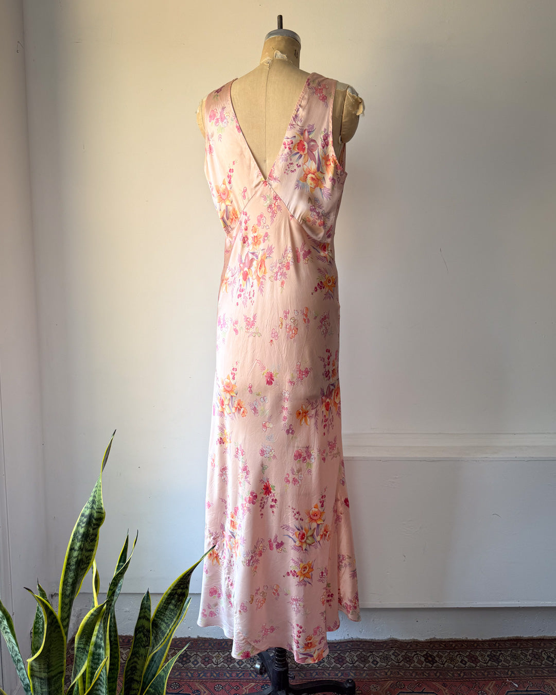 30s Floral Satin Bias Cut Slip Dress / M-L