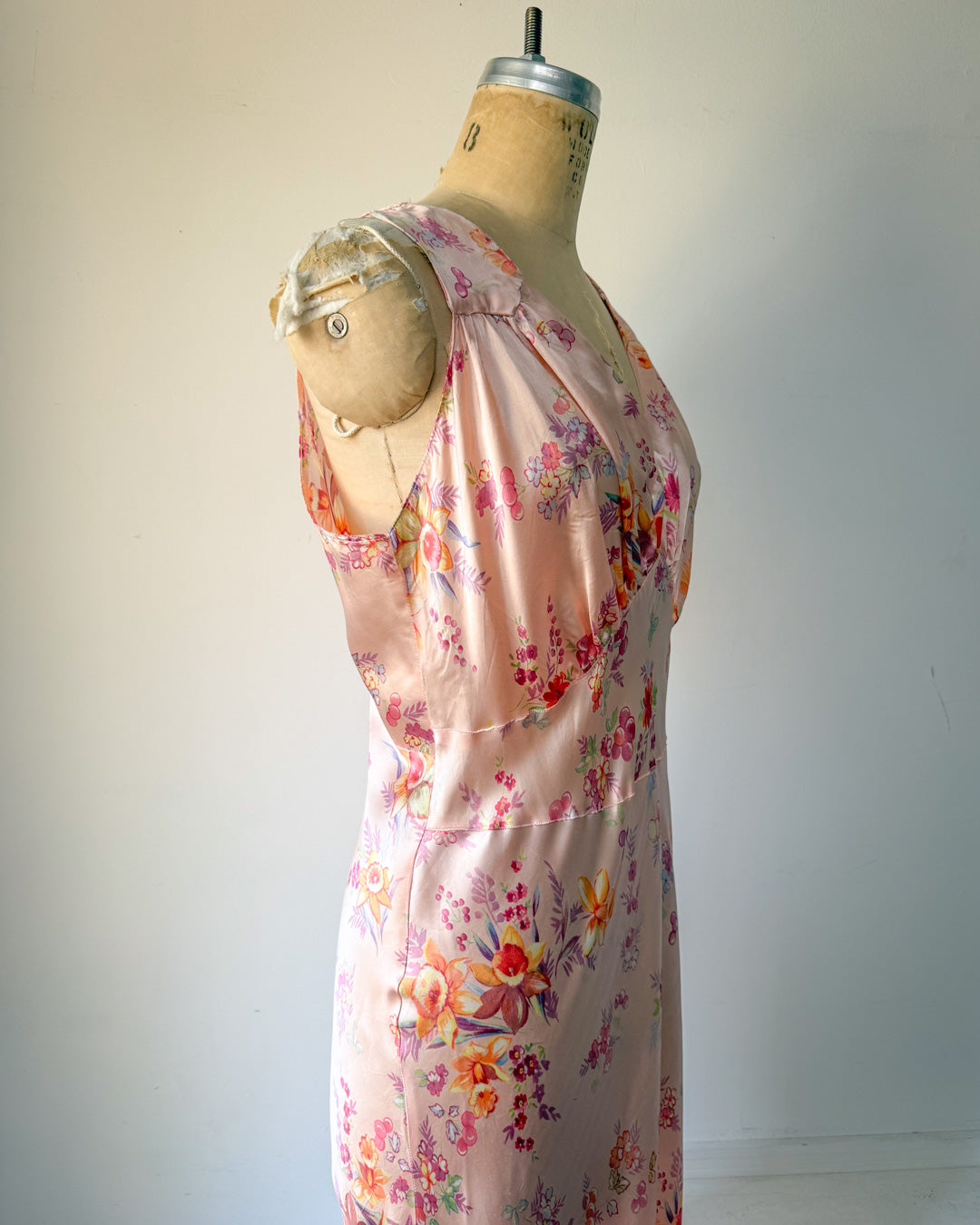 30s Floral Satin Bias Cut Slip Dress / M-L